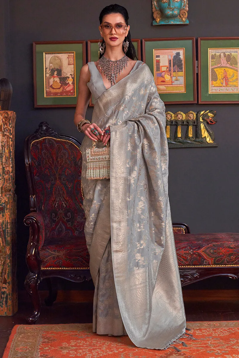 Flameboyant Grey Soft Banarasi Silk Saree With Exquisite Blouse Piece