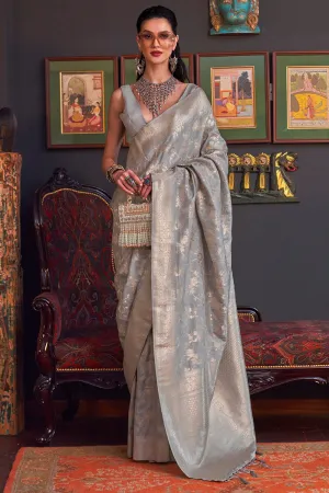 Flameboyant Grey Soft Banarasi Silk Saree With Exquisite Blouse Piece