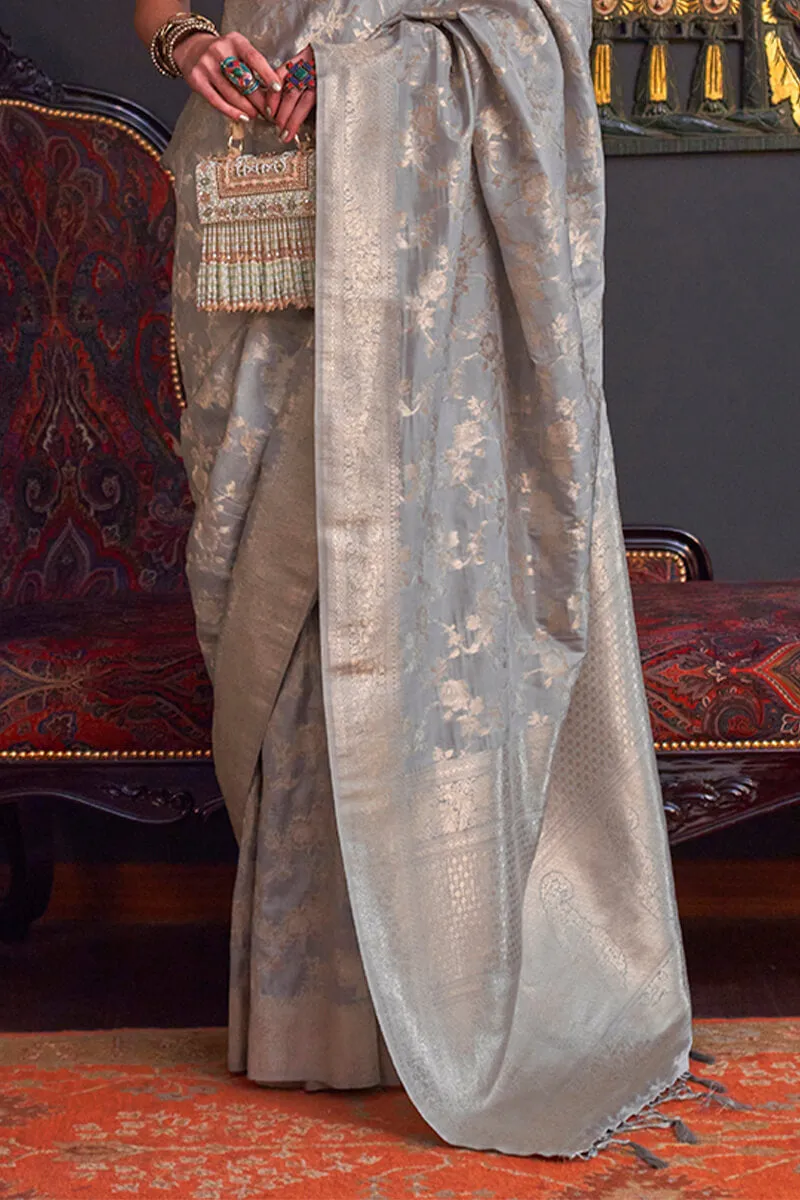 Flameboyant Grey Soft Banarasi Silk Saree With Exquisite Blouse Piece