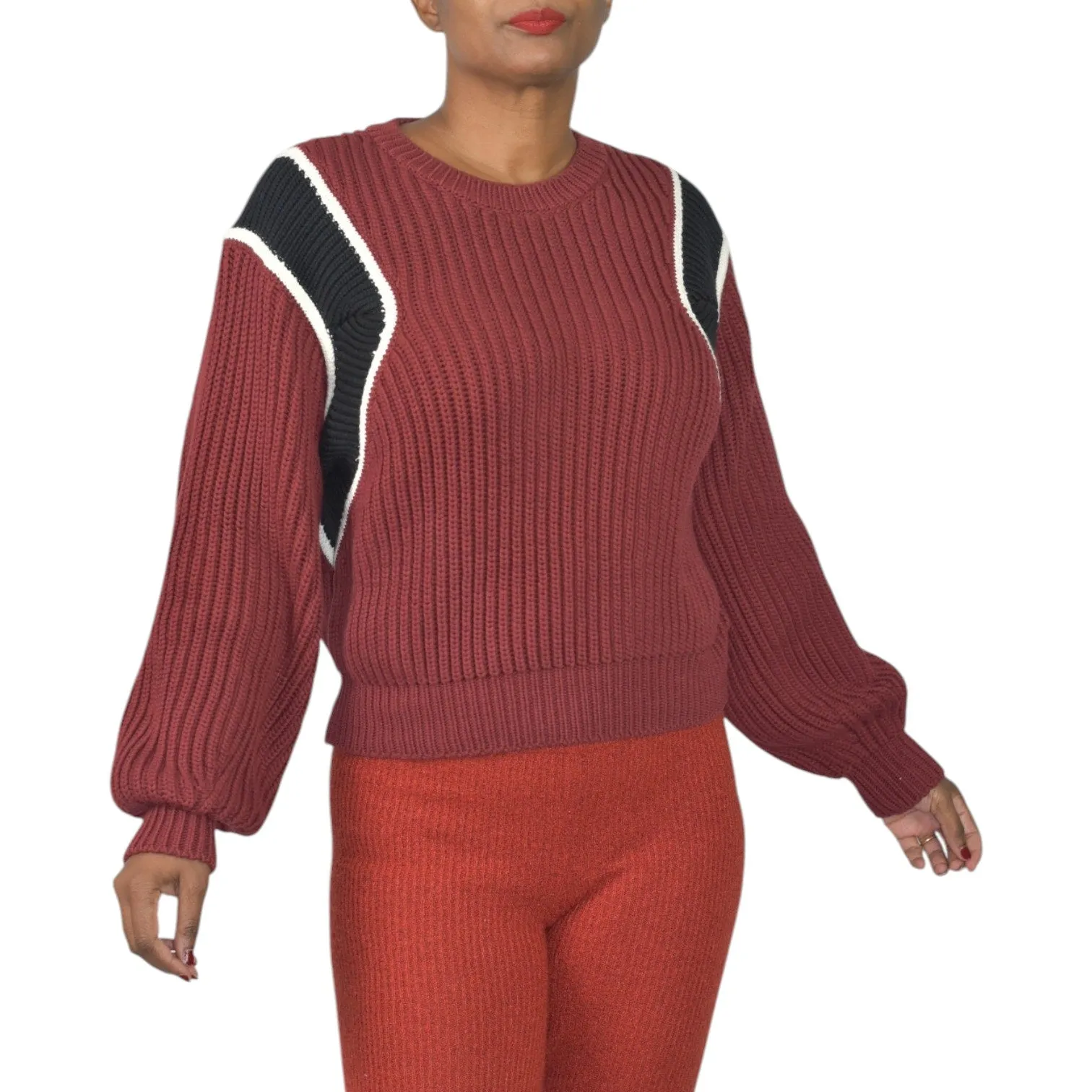 Frame Balloon Sleeve Sweater Red Chunky Fisherman Rib Knit Cropped Colorblock Size Small