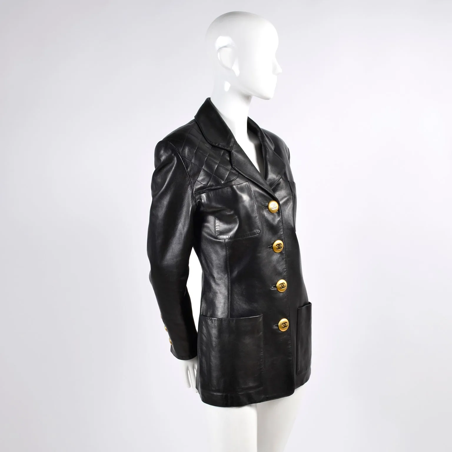 F/W 1992 Chanel Leather Jacket Black w/ Quilting & CC Logo Brass Buttons 6/8