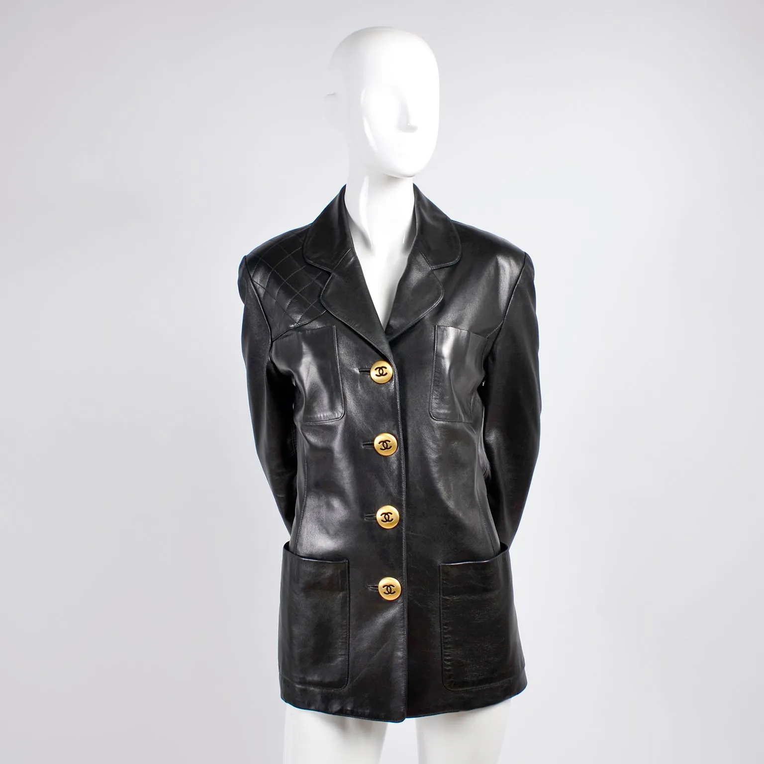 F/W 1992 Chanel Leather Jacket Black w/ Quilting & CC Logo Brass Buttons 6/8