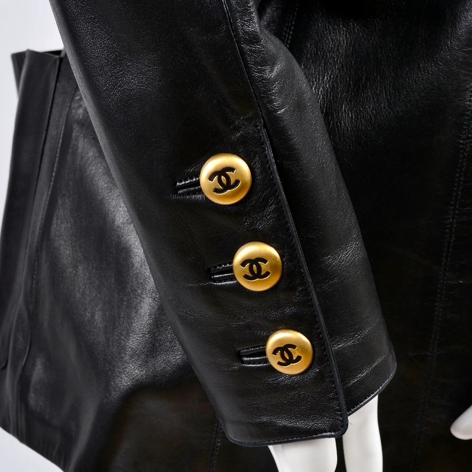 F/W 1992 Chanel Leather Jacket Black w/ Quilting & CC Logo Brass Buttons 6/8