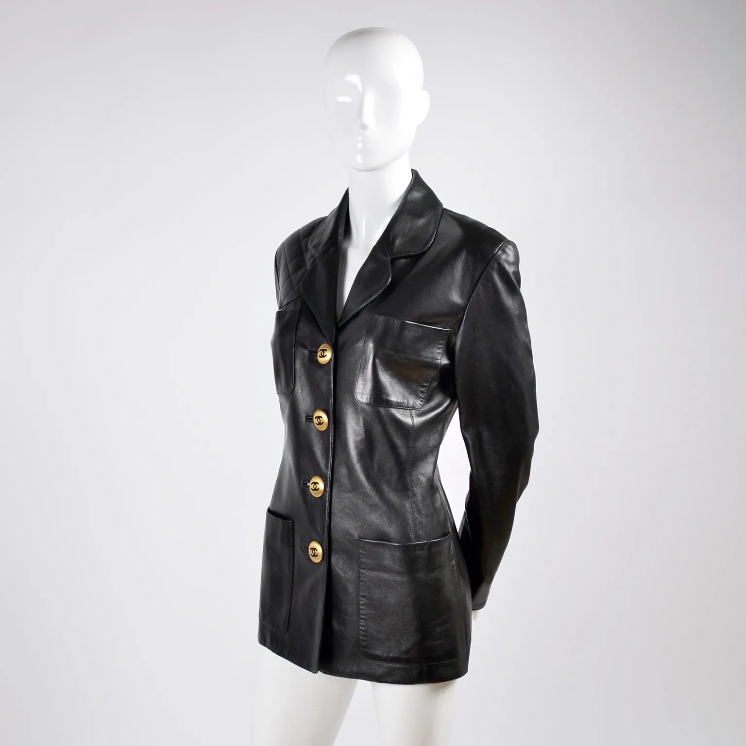 F/W 1992 Chanel Leather Jacket Black w/ Quilting & CC Logo Brass Buttons 6/8