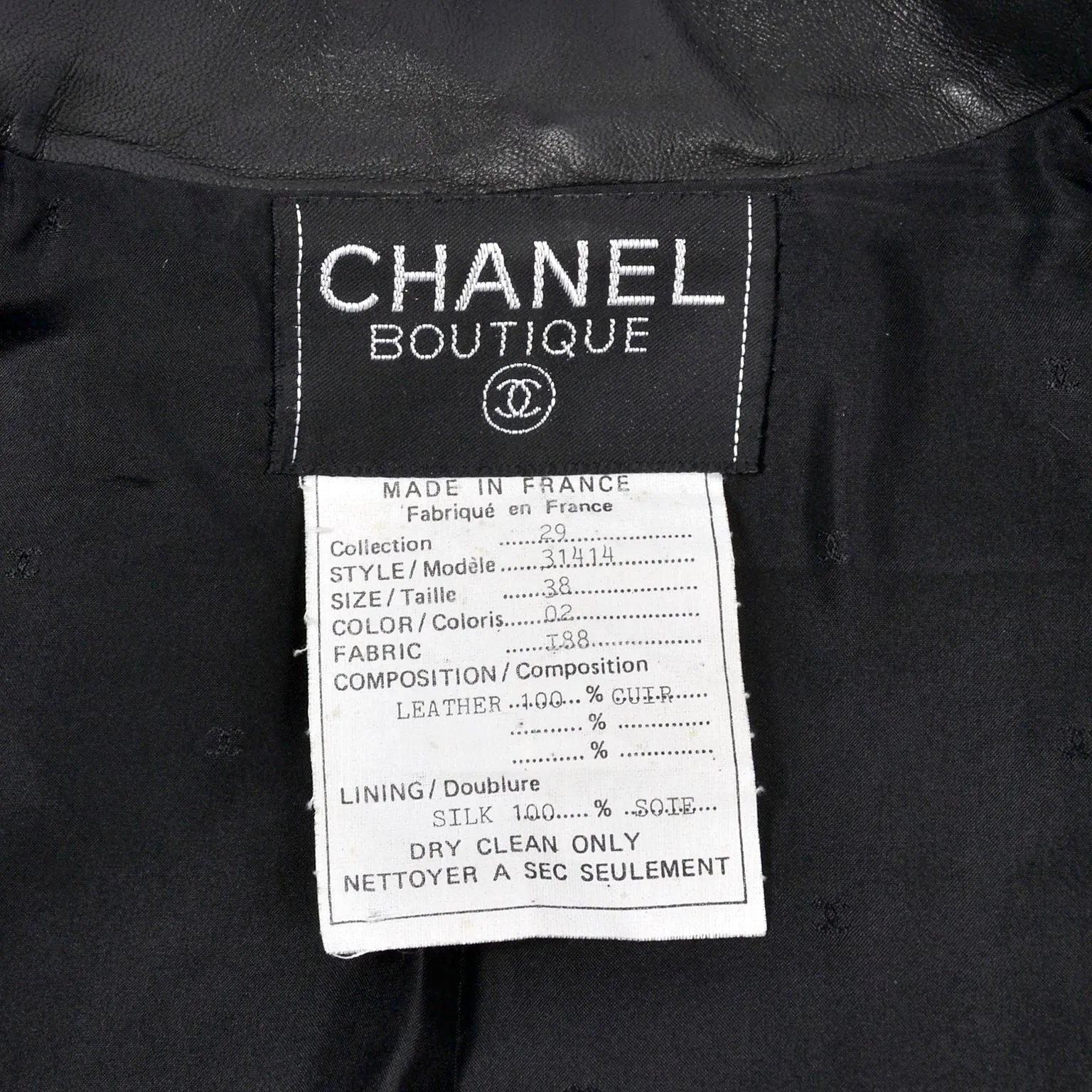 F/W 1992 Chanel Leather Jacket Black w/ Quilting & CC Logo Brass Buttons 6/8