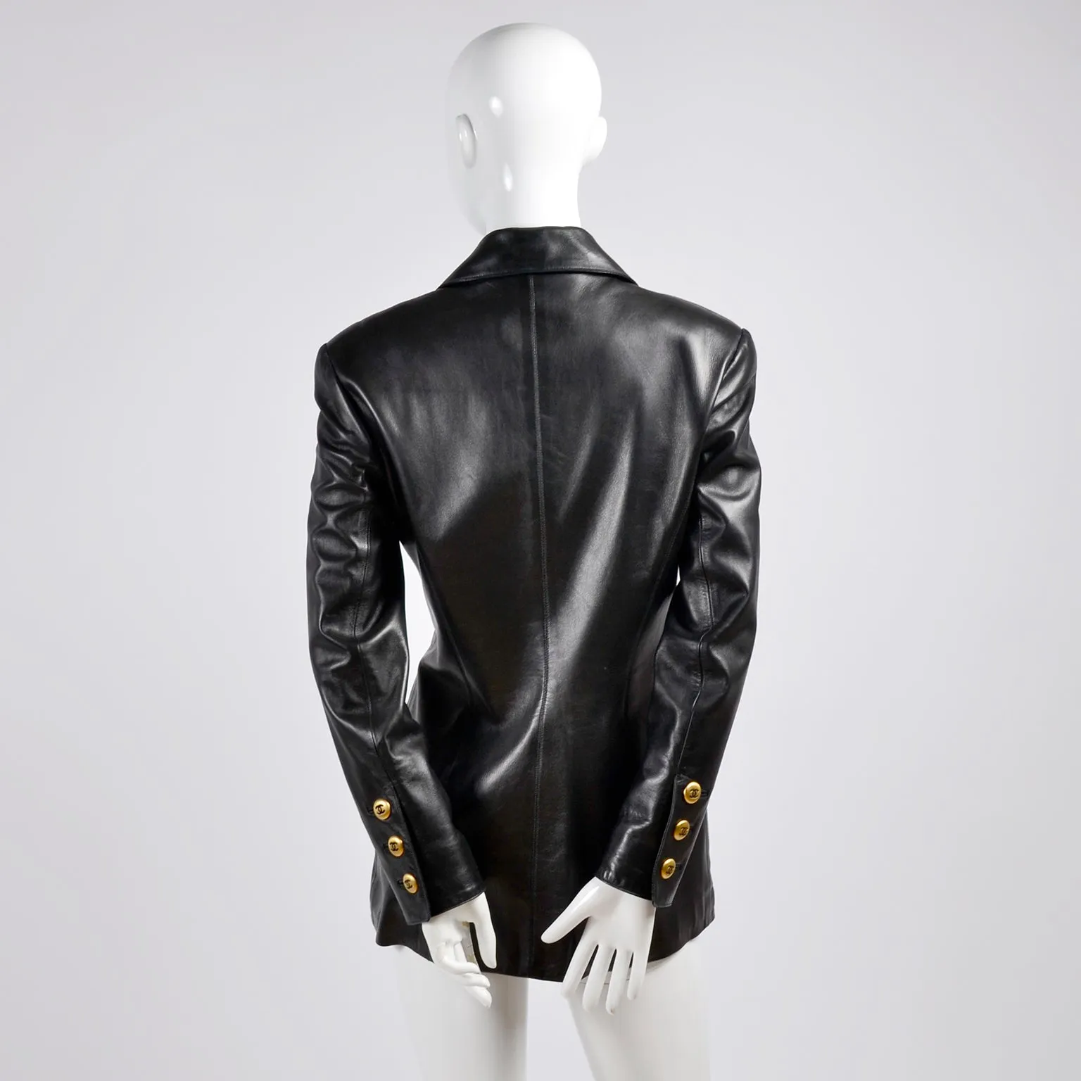 F/W 1992 Chanel Leather Jacket Black w/ Quilting & CC Logo Brass Buttons 6/8