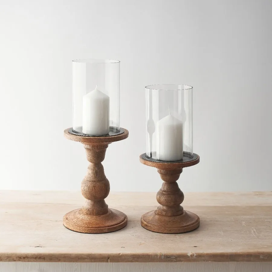 Glass and Wood Pillar Candle Holder - Small