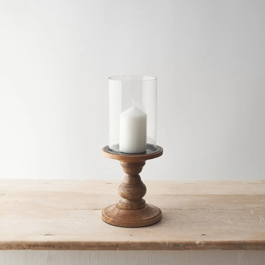 Glass and Wood Pillar Candle Holder - Small