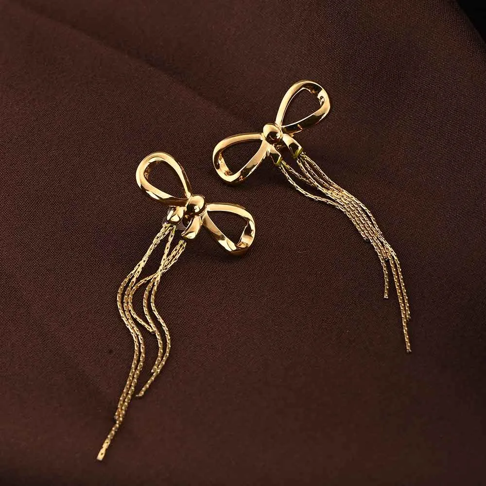 Gold Bow and Tassel Drop Earrings