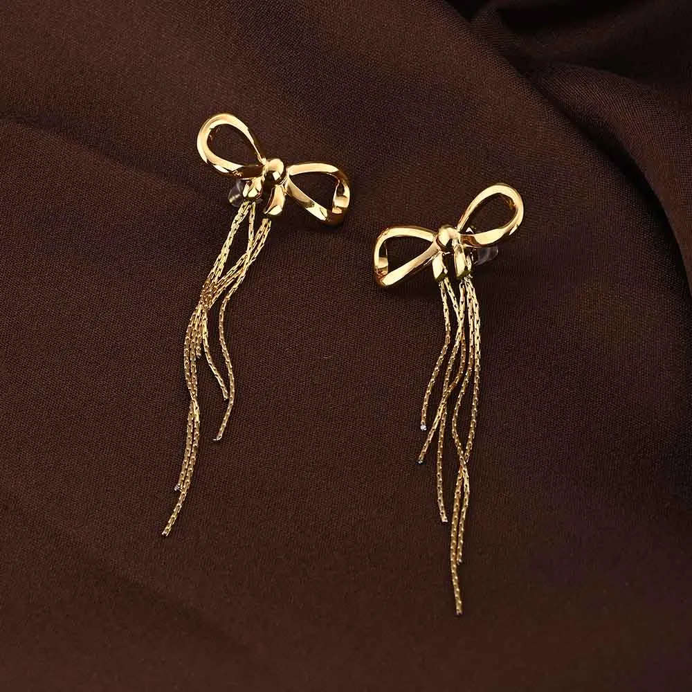 Gold Bow and Tassel Drop Earrings