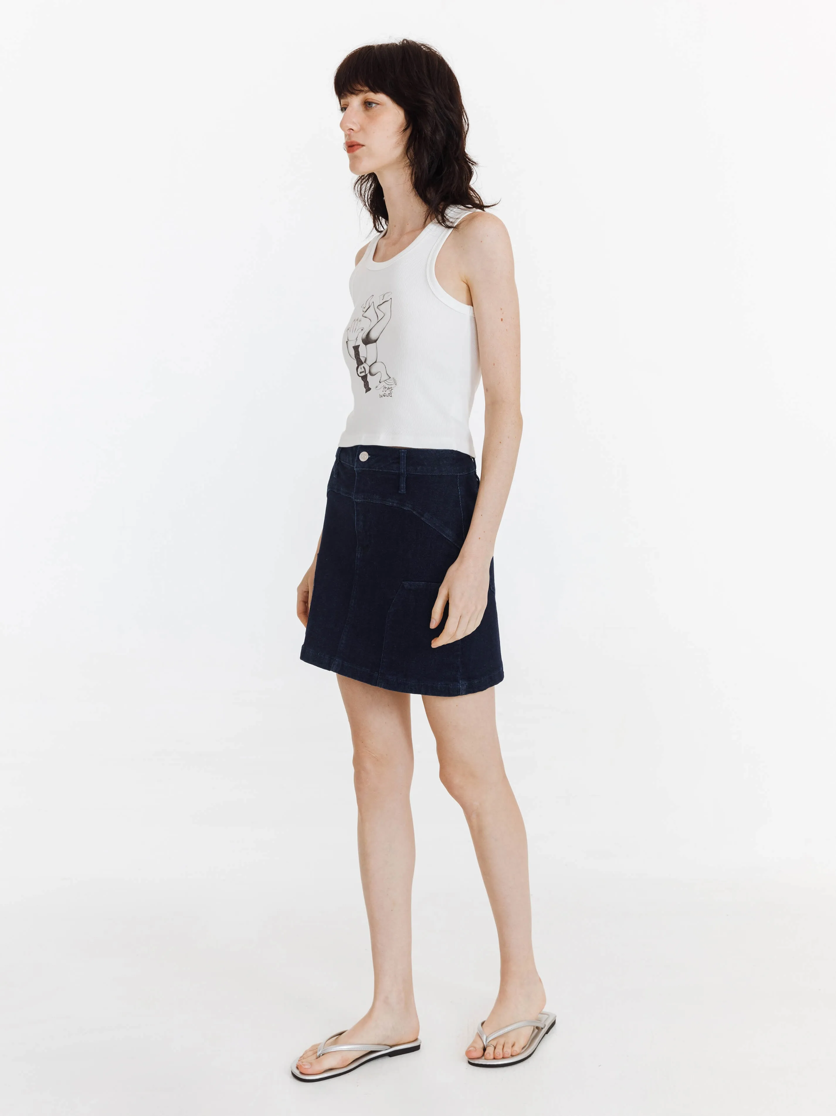 High Elastic Panelled Denim Mini Skirt