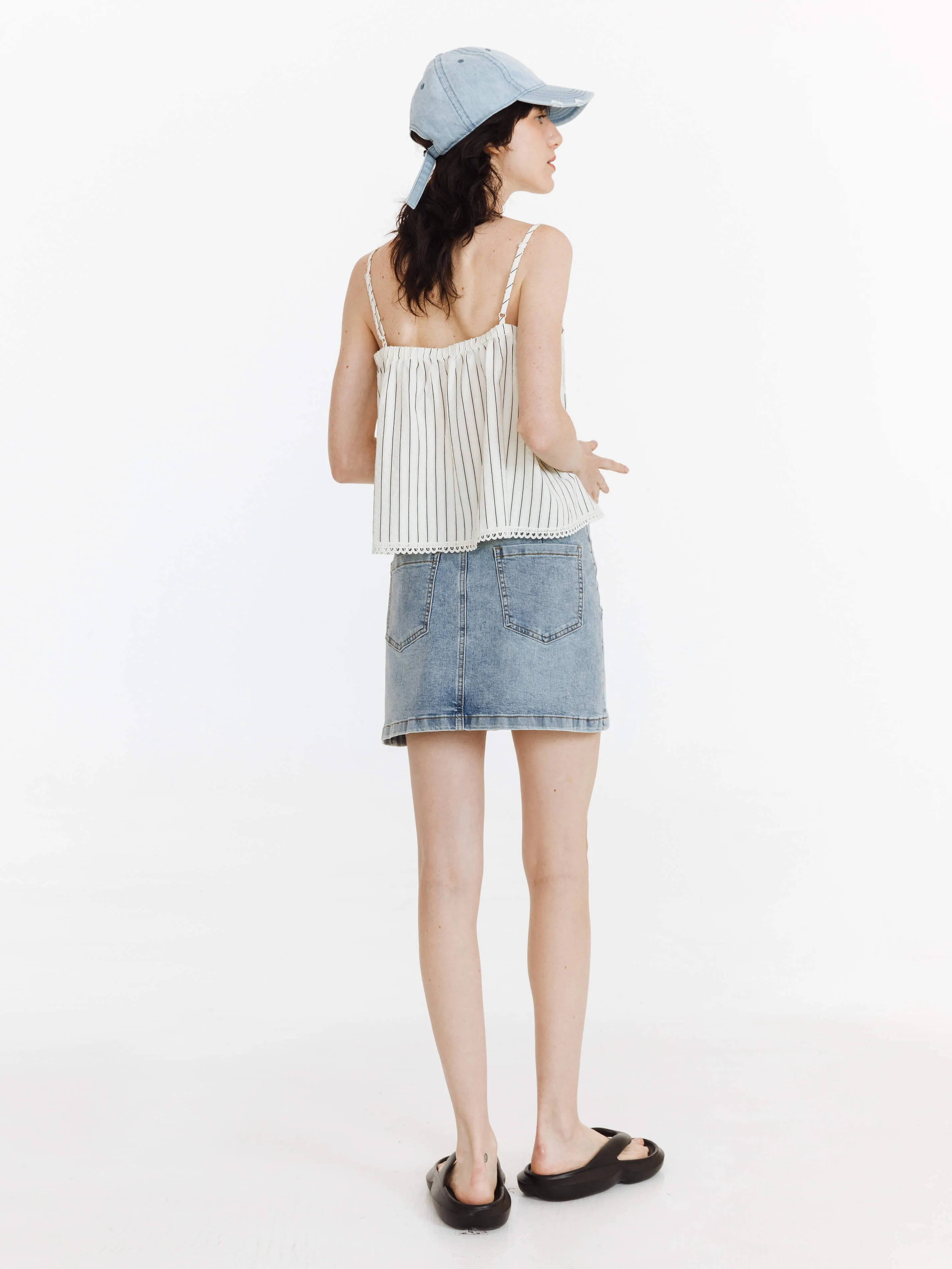 High Elastic Panelled Denim Mini Skirt