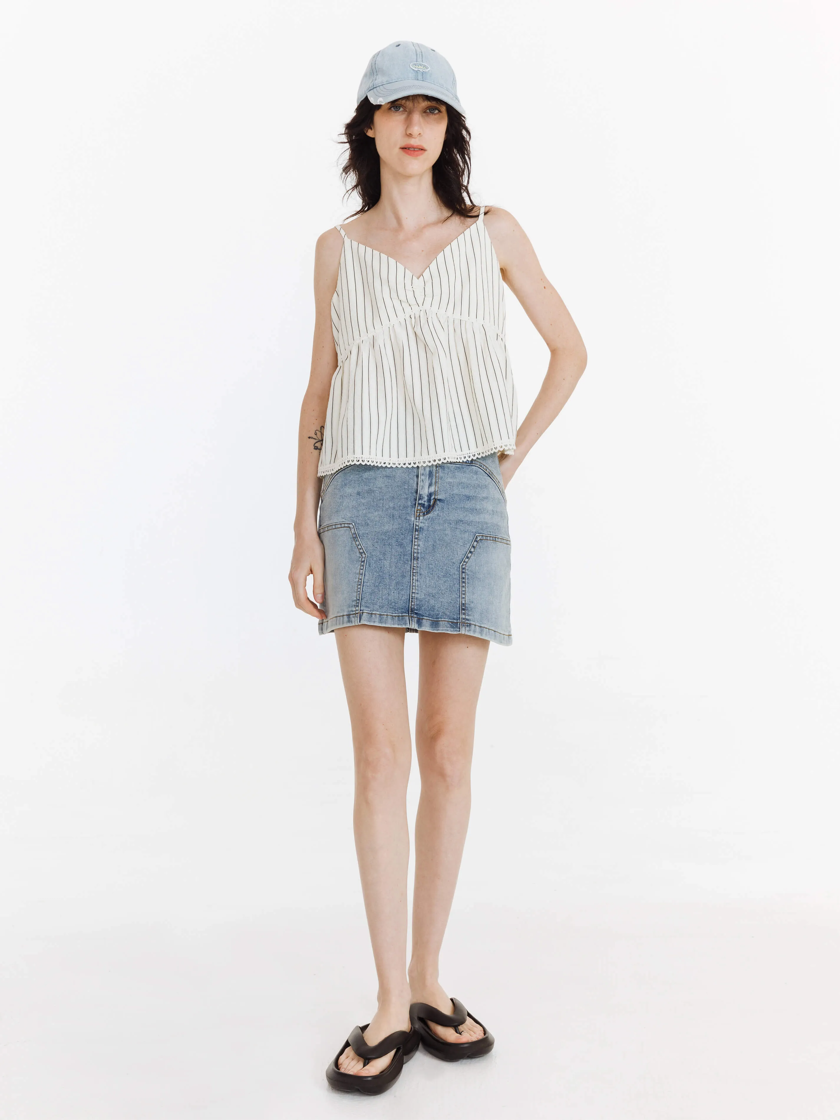 High Elastic Panelled Denim Mini Skirt