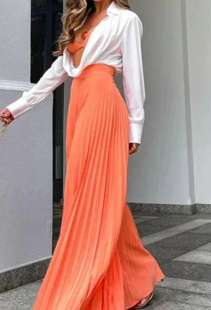 High Fashion Orange Pleated Wide Leg Pants