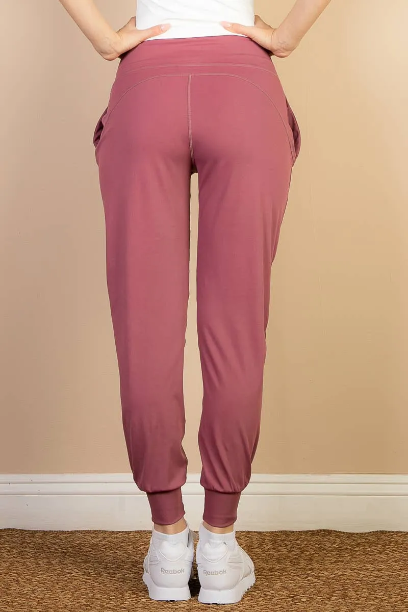 High Waisted Wide Waistband Joggers - Dusty Cedar