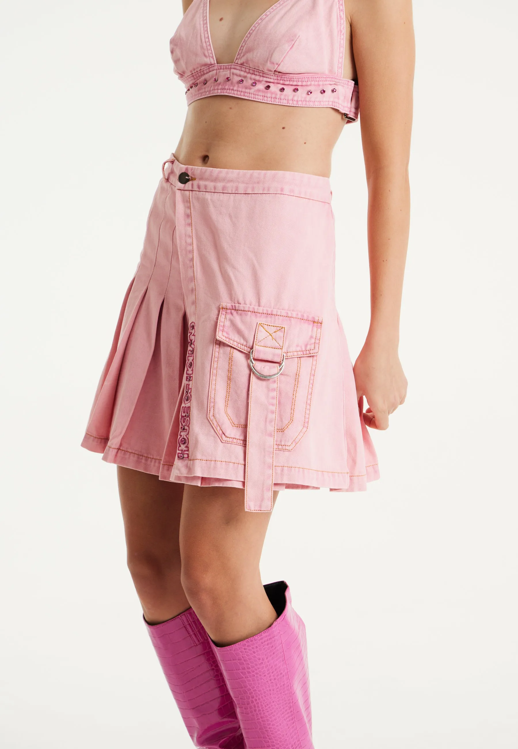 House of Holland Light Pink Denim Studded Pleated Skirt