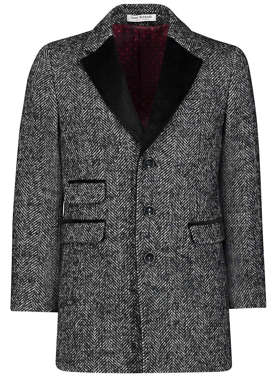 Isaac Mizrahi Boy's 2-20 Single Breasted Velvet Lapel Herringbone Wool Overcoat