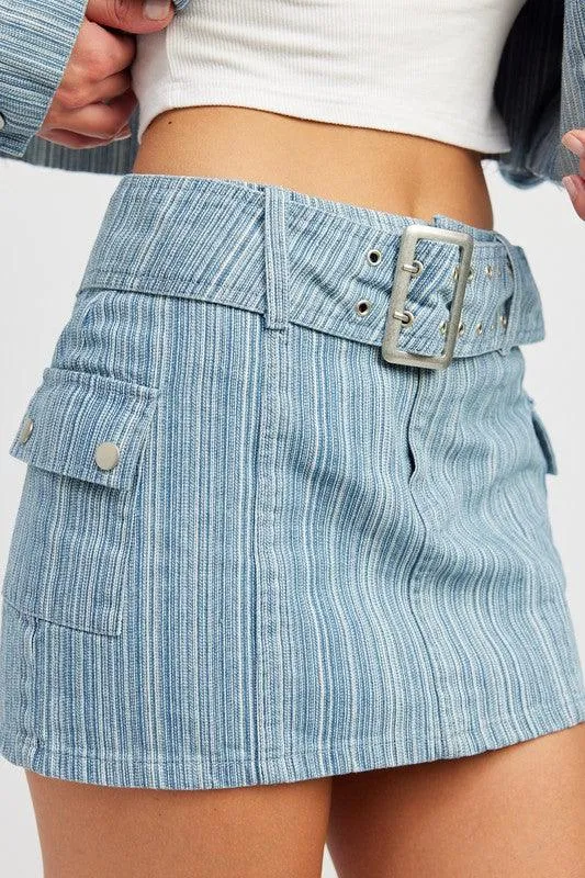 Light Blue Pinstripe Belted Mini Denim Skirt