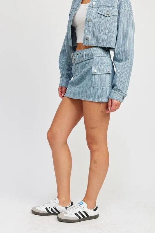 Light Blue Pinstripe Belted Mini Denim Skirt