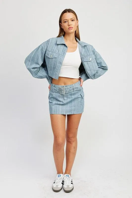 Light Blue Pinstripe Belted Mini Denim Skirt