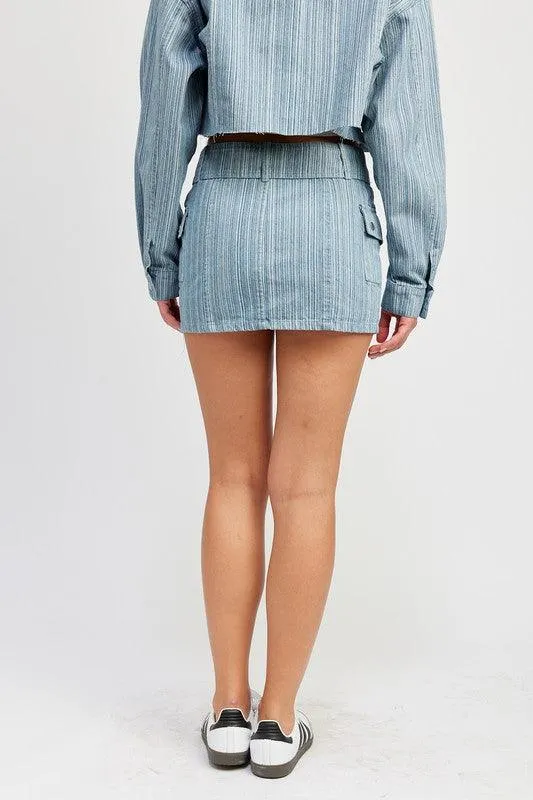 Light Blue Pinstripe Belted Mini Denim Skirt