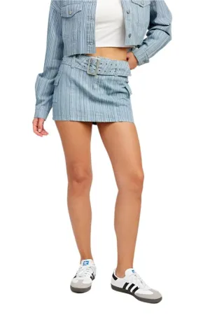 Light Blue Pinstripe Belted Mini Denim Skirt