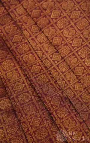 Maroon kanchi silk blouse material with mayil chakram buttas