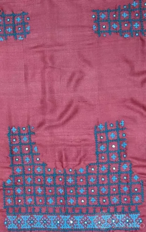 Maroon tussar silk fabric with mirror work kutch hand embroidery