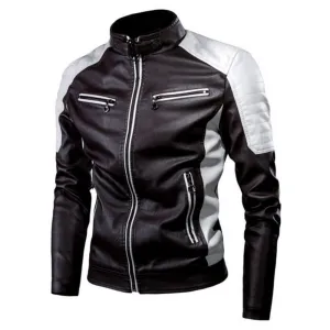 Men’s Black Moto-Racer Stand-up Collar Premium Leather Jacket