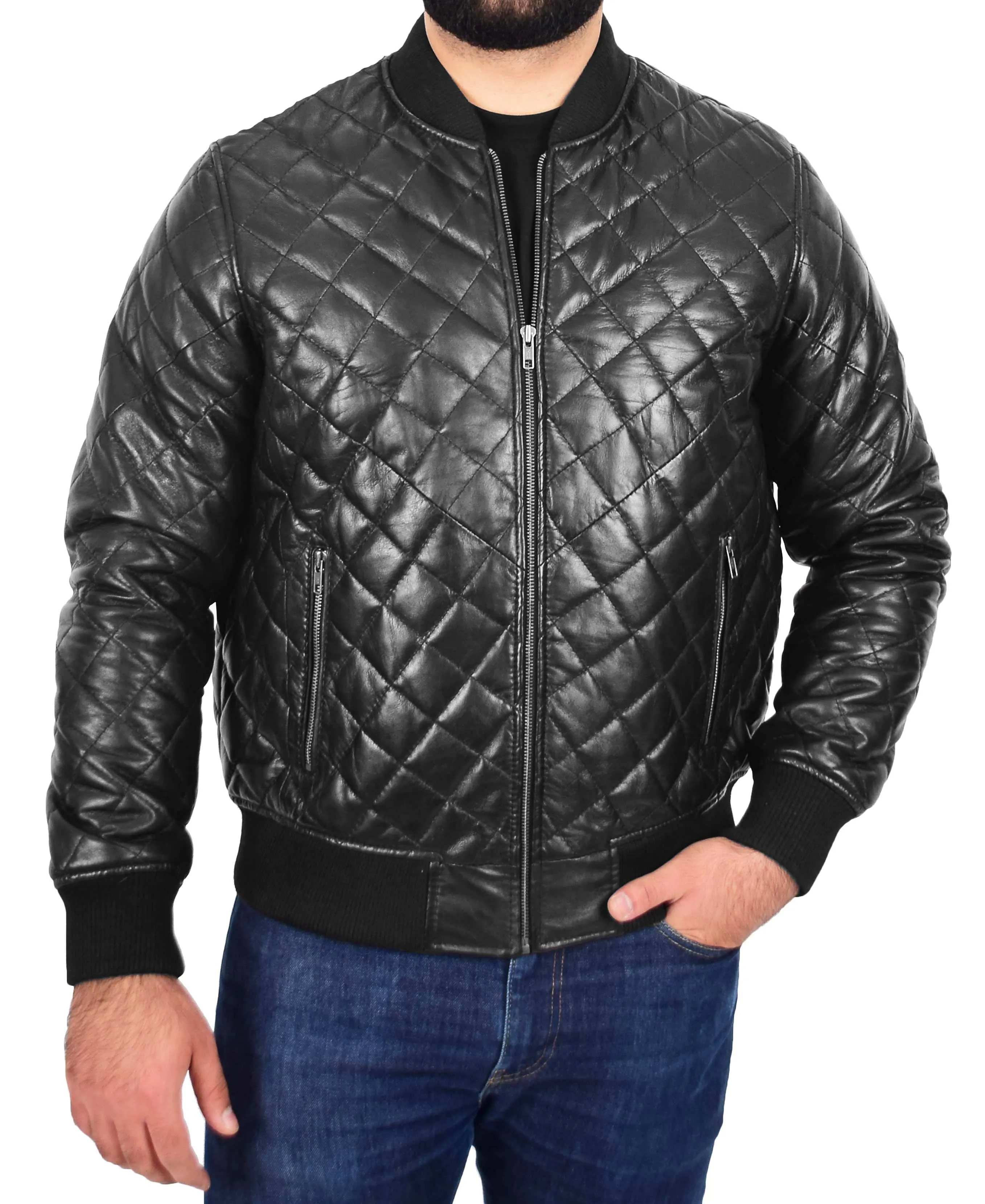 Mens Bomber Leather Jacket Black Fully Quilted Padded Fitted Varsity - Darren