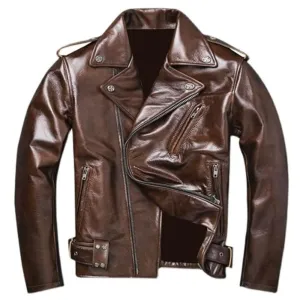 Men’s Brown Asymmetric Vintage Biker Genuine Cowhide Leather Jacket