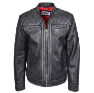 Mens Real Leather Biker Jacket Cafe Racer Style Dommo Black