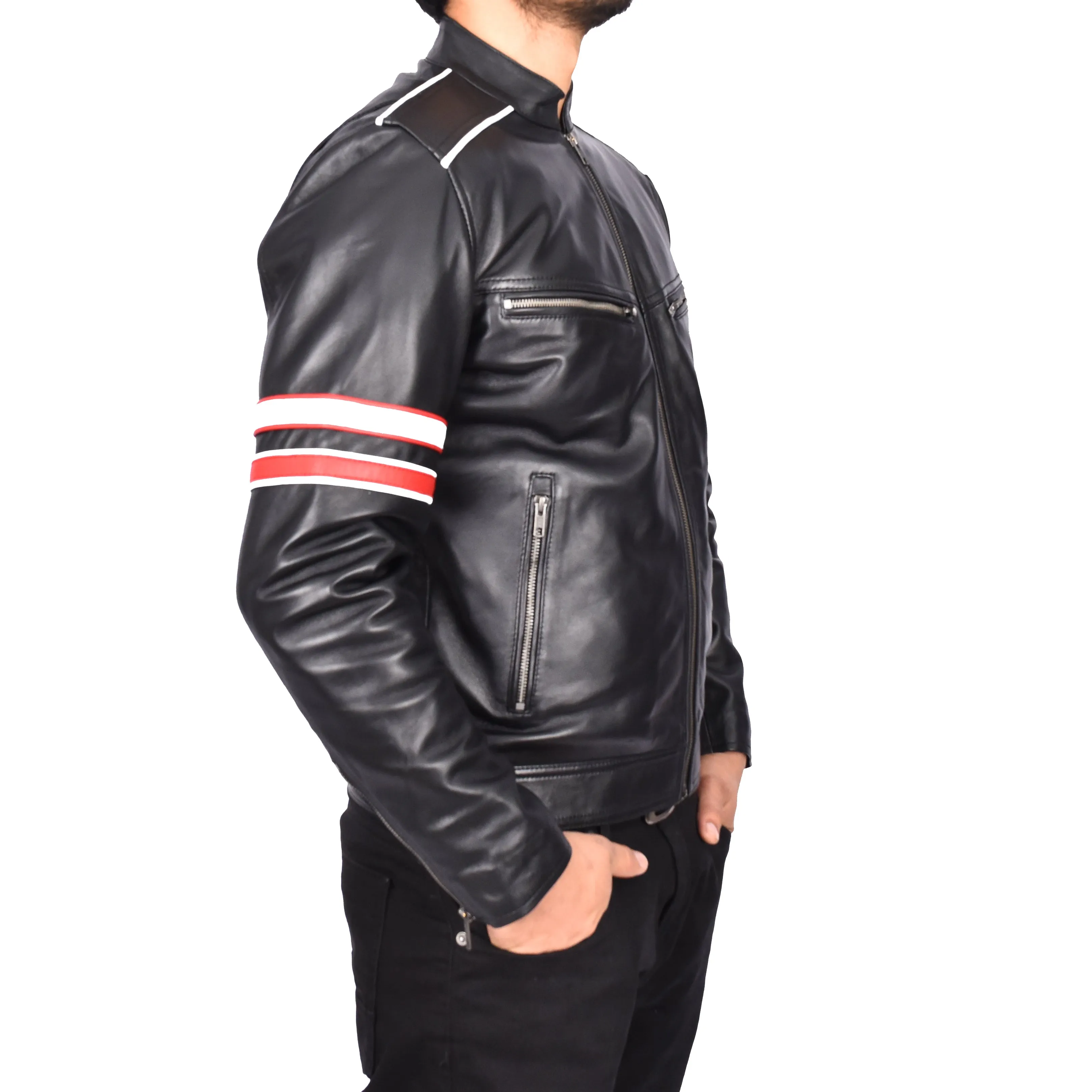 Mens Real Leather Biker Jacket Zip Fasten Casual Cafe Racer Style Wilder Black