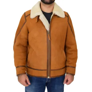 Mens Real Sheepskin Flying Jacket Top Gun Shearling Karl Cognac