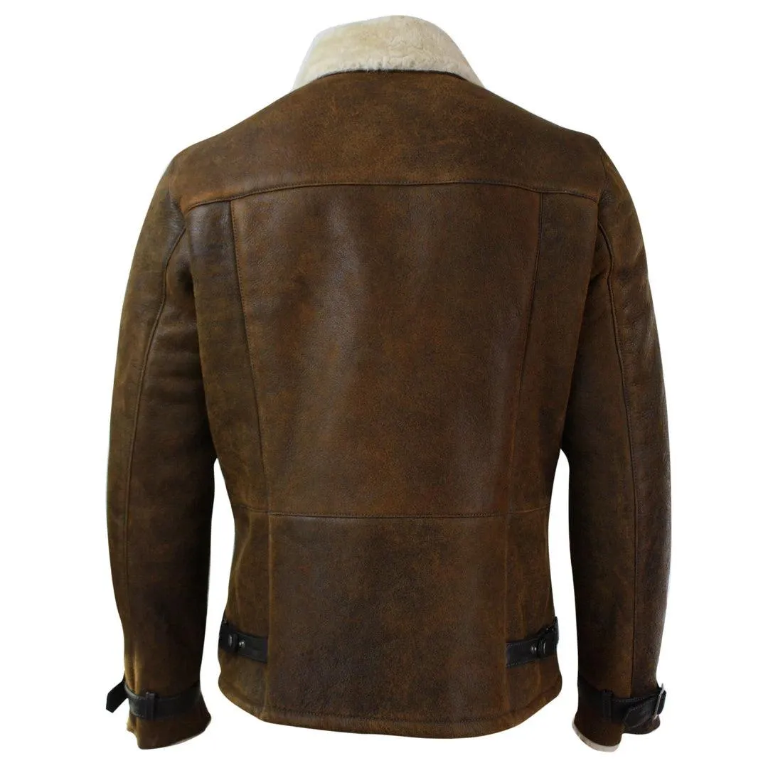 Mens Winter Real Sherling Vintage Sheepskin Tan Brown Fitted Jacket Cross Zip