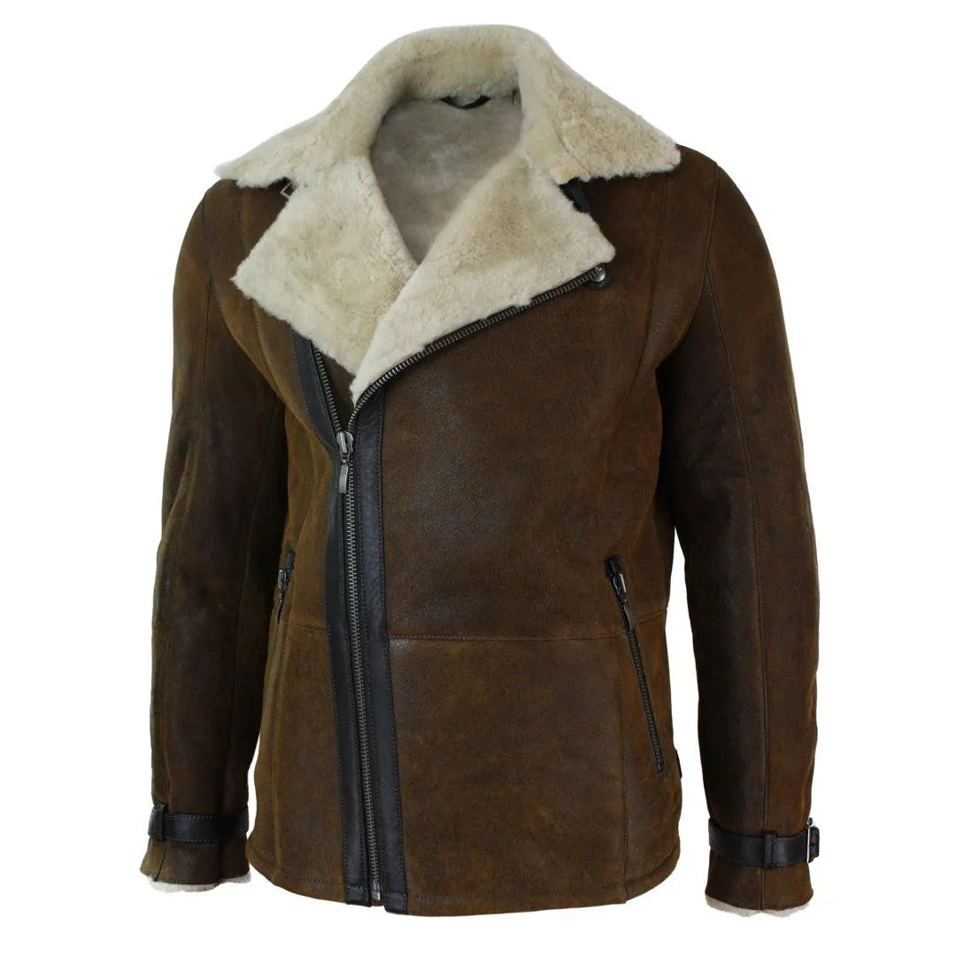 Mens Winter Real Sherling Vintage Sheepskin Tan Brown Fitted Jacket Cross Zip