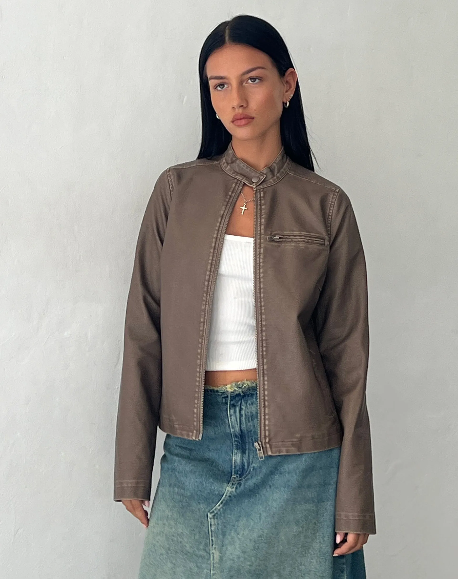 Mildred Distressed Biker Jacket in PU Olive