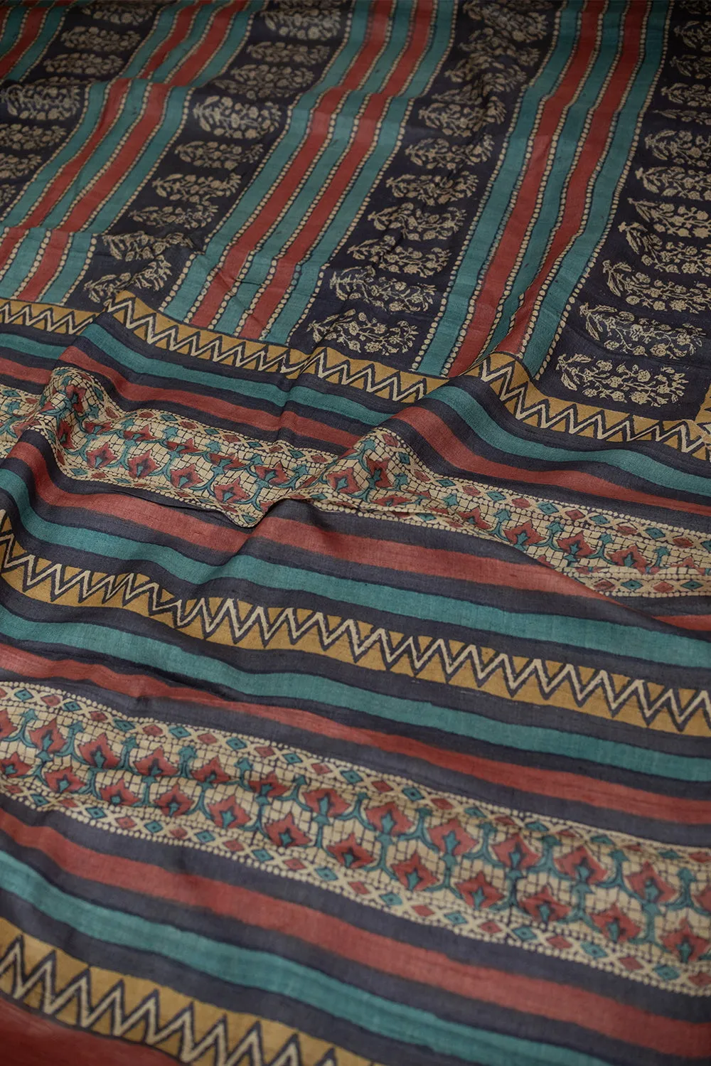 Multi-Colored Patterns Block Printed Tussar saree