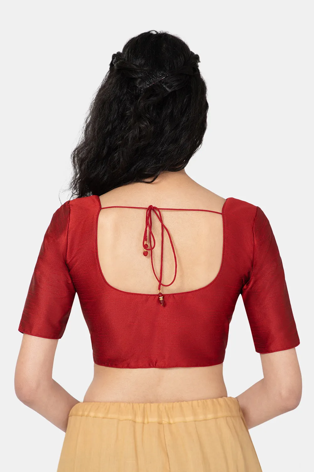 Naidu Hall Ethnic Raw Silk Saree Blouse with Round Neck Elbow Sleeves - Maroon