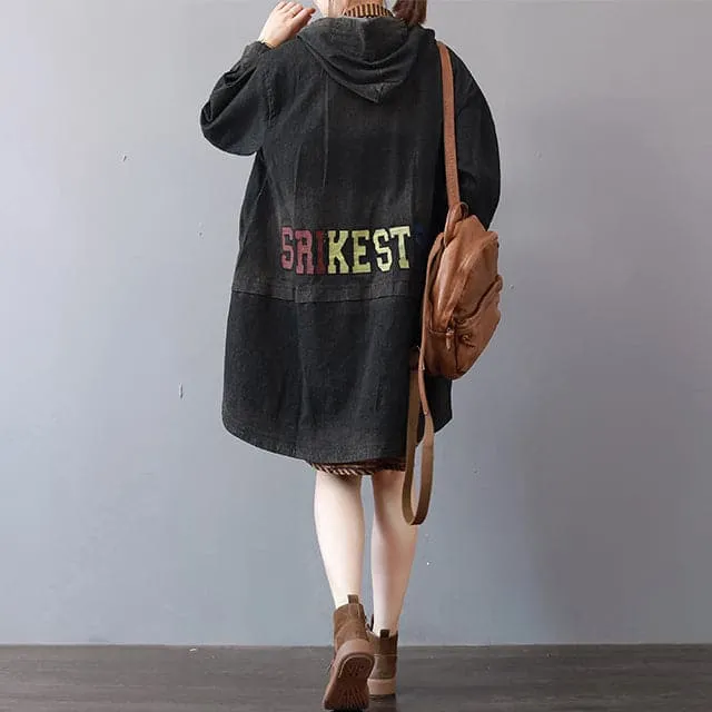 New dark gray denim coats trendy plus size hooded trench coat fine low high design coat