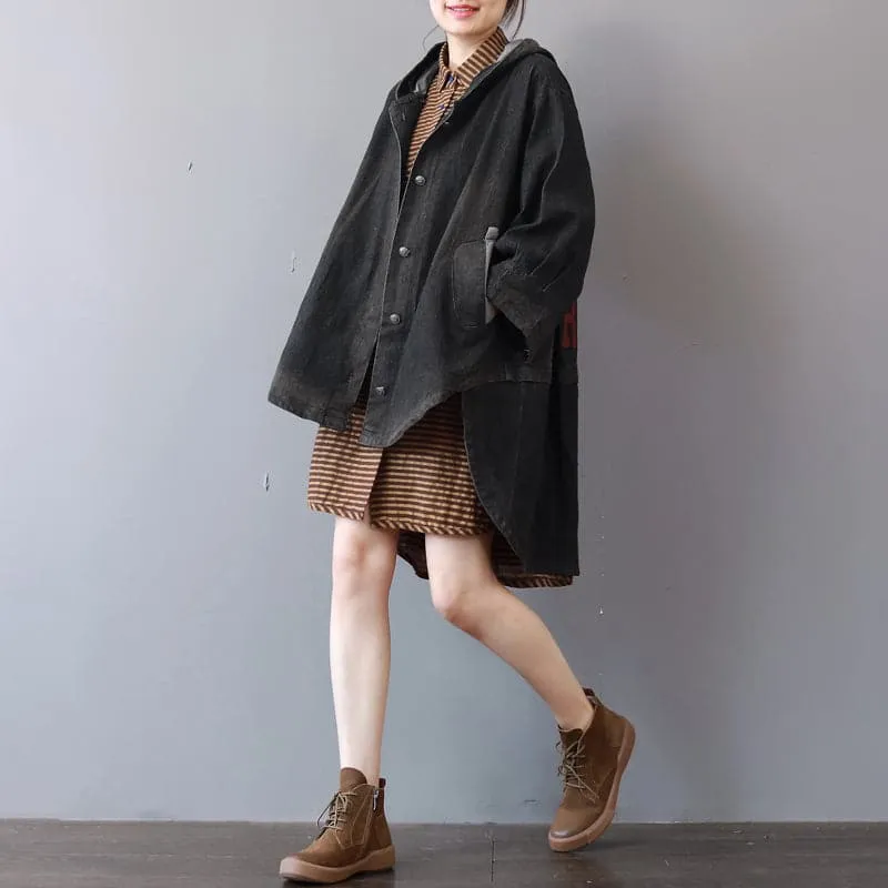 New dark gray denim coats trendy plus size hooded trench coat fine low high design coat