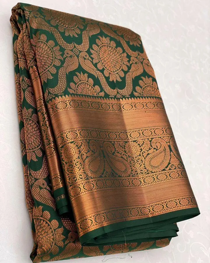 Palimpsest Dark Green Soft Silk Saree With Delectable Blouse Piece