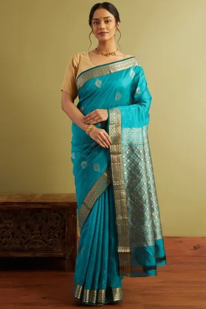 Pleasant Firozi Soft Silk Saree With Demure Blouse Piece