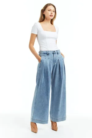 Pleated Wide Leg Denim Trouser