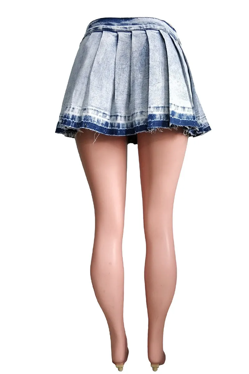 QM0525 Denim Pleated Mini Skirt