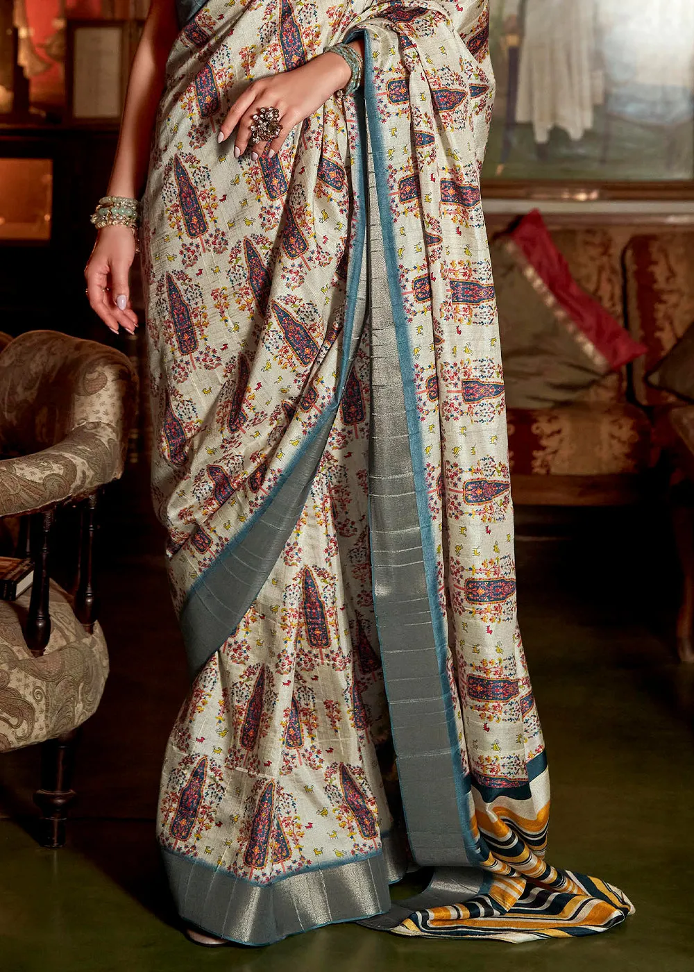 Rice White Printed Zari woven Silk Saree