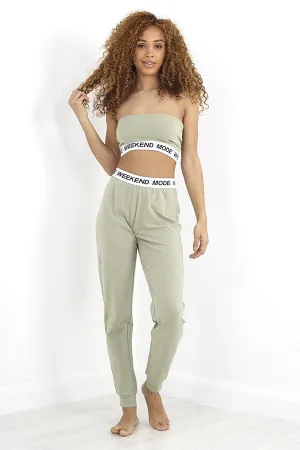 SAGE GREEN ELASTICATED BANDEAU AND JOGGER LOUNGE SET