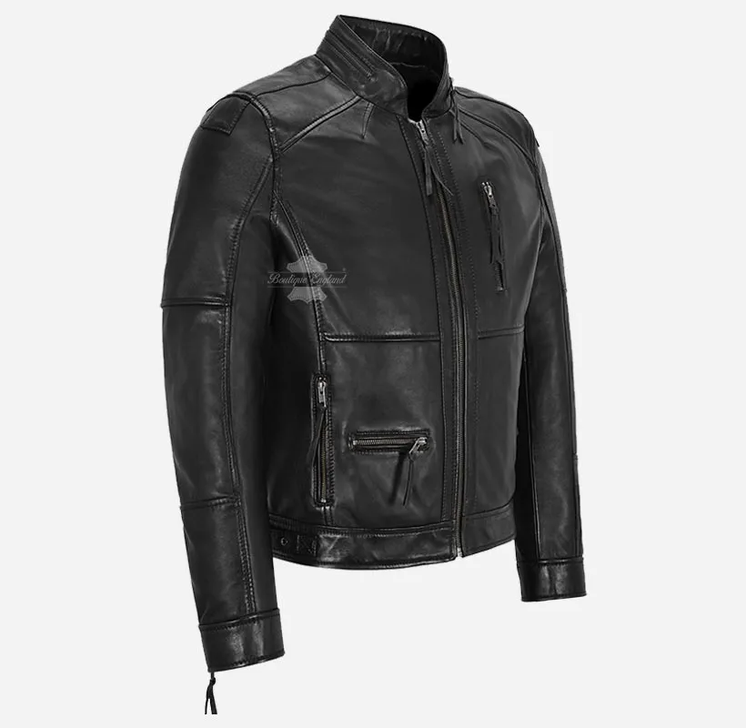 Skalds Mens Biker Style Leather Jacket Fitted Fashion Leather Jacket