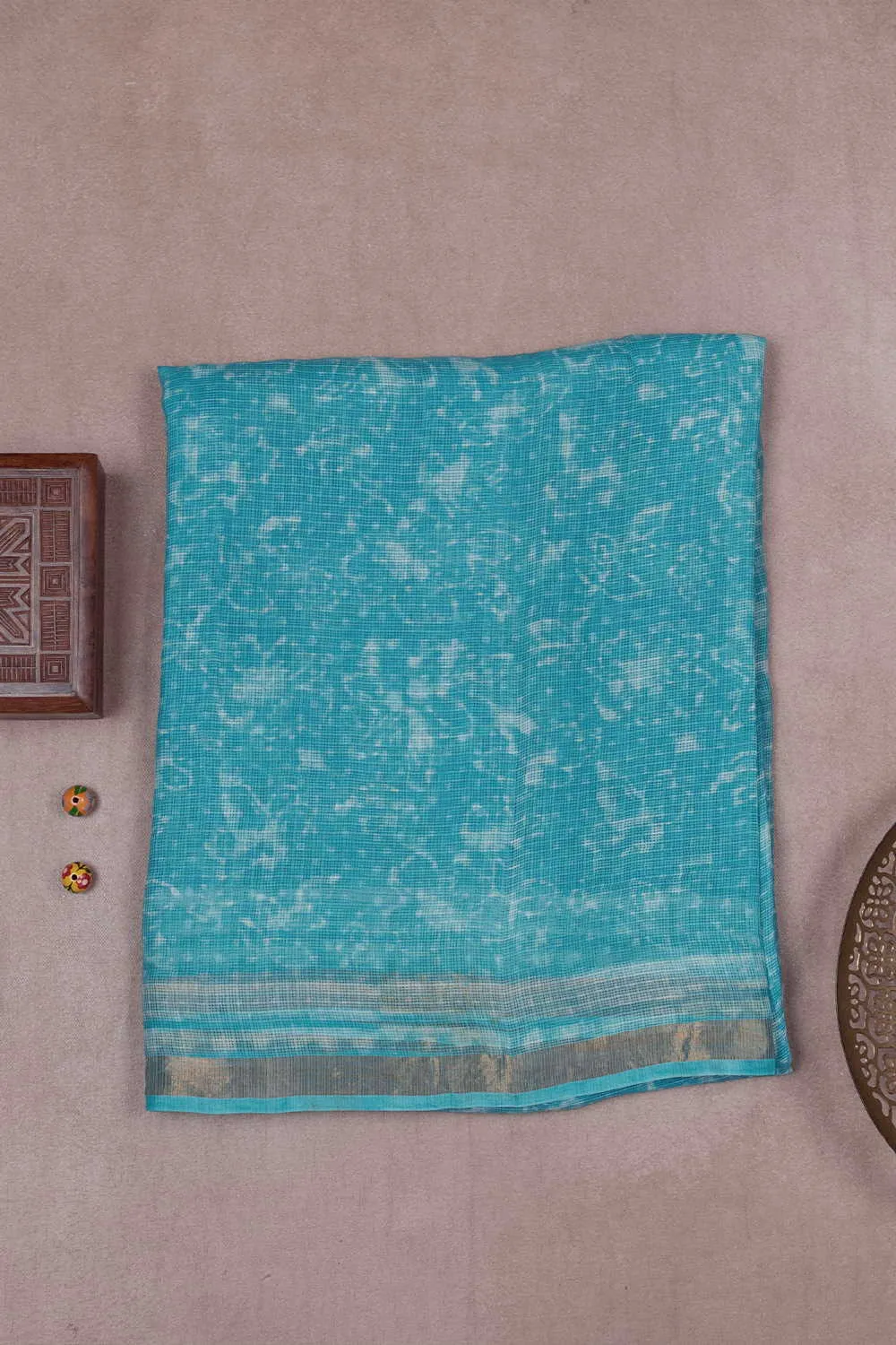 Sky Blue Block Printed Kota Silk saree