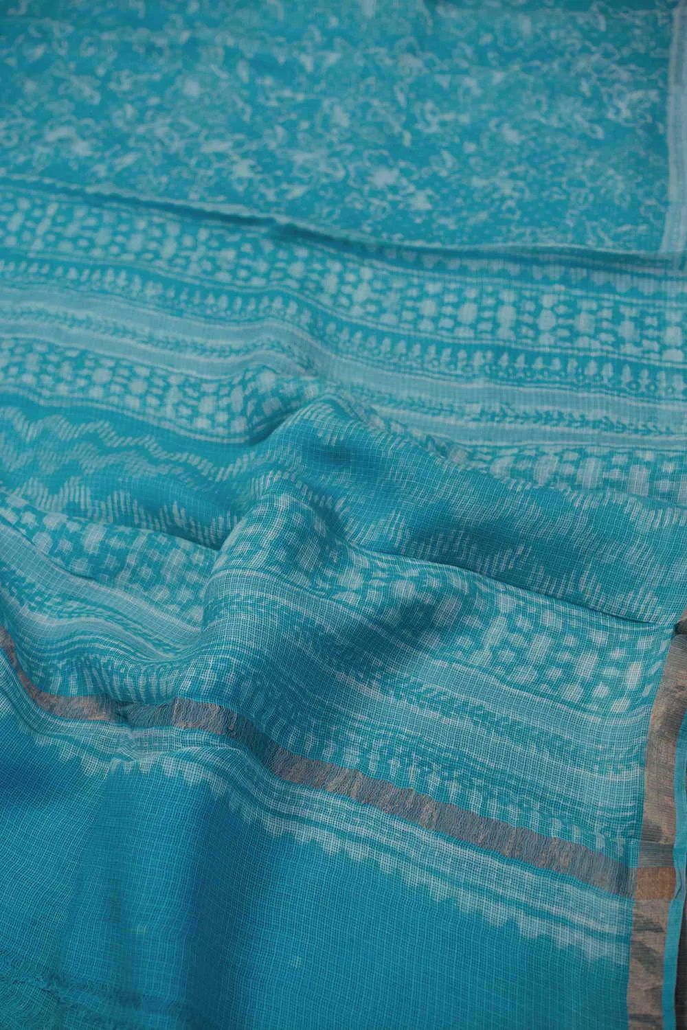 Sky Blue Block Printed Kota Silk saree